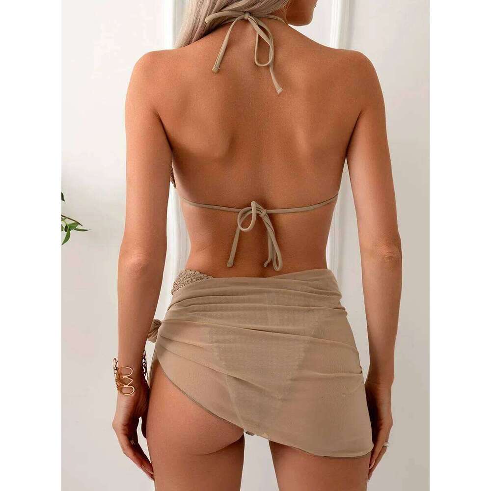 3PCS with Mesh Sarong Wrinkled Halter Female Swimsuit Women Swimwear Three-pieces Bikini Set Bathing Suit Swim Beach Wear XJ260206