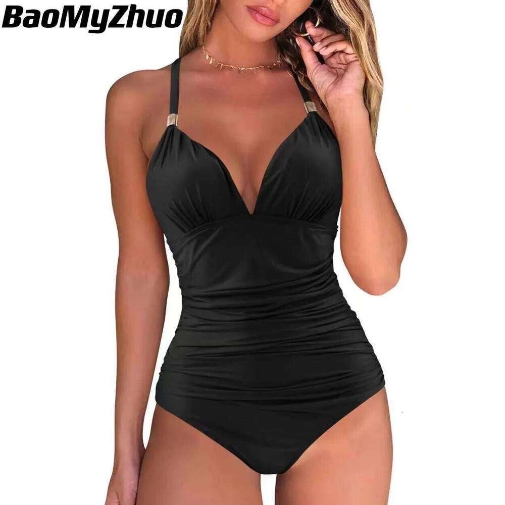 2024 Sexy One Piece Tankini Plus Size Swimwear Women Black Halter Hot Monokini Swimsuit Push Up Bathing Suit High Waist Bodysuit XJ260206