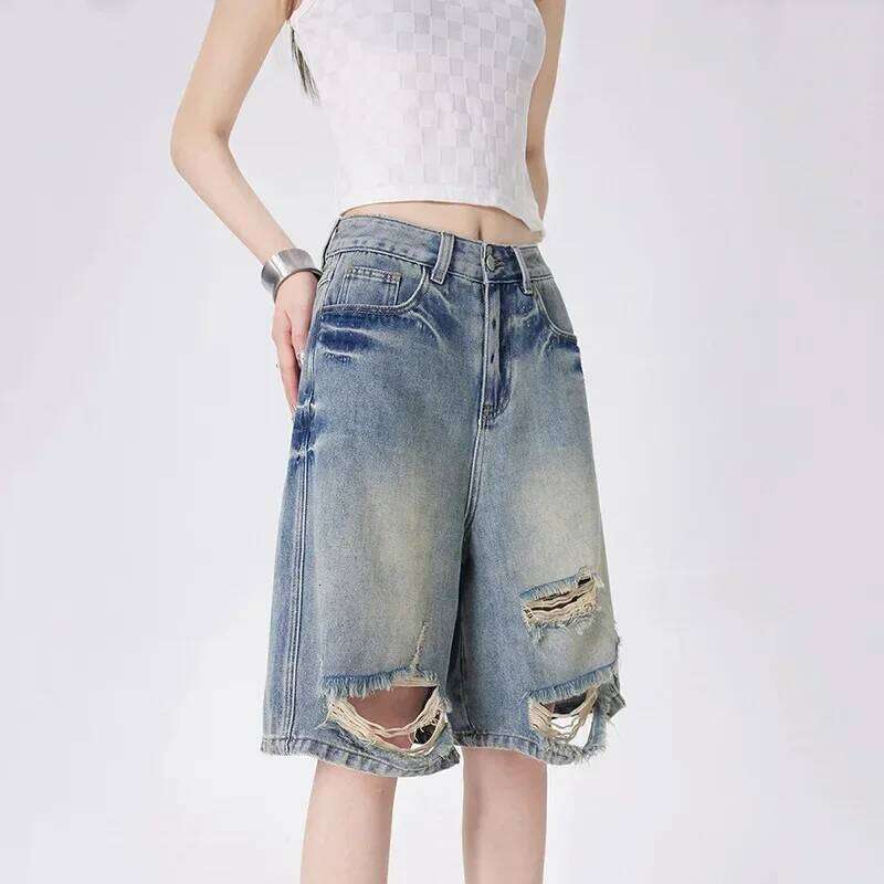 Denim Pants Women Shorts Distressed Knee Length Jeans Vintage Hole Ripped Wide Leg Jean High Waist Pockets Loose Casual C260206