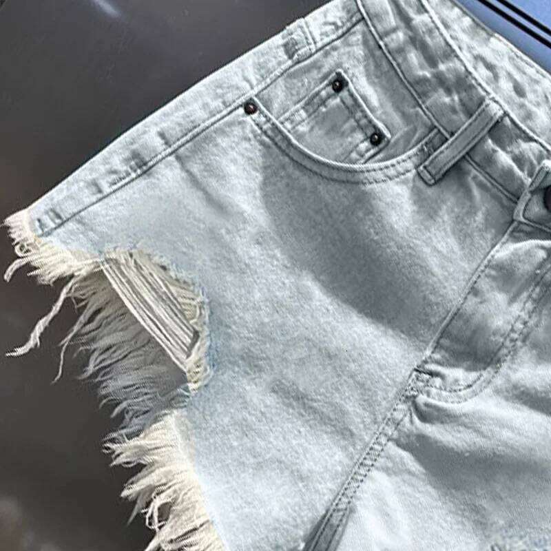 retro irregular old ripped denim shorts women's summer low waist design jeans hot pants sky blue C260206