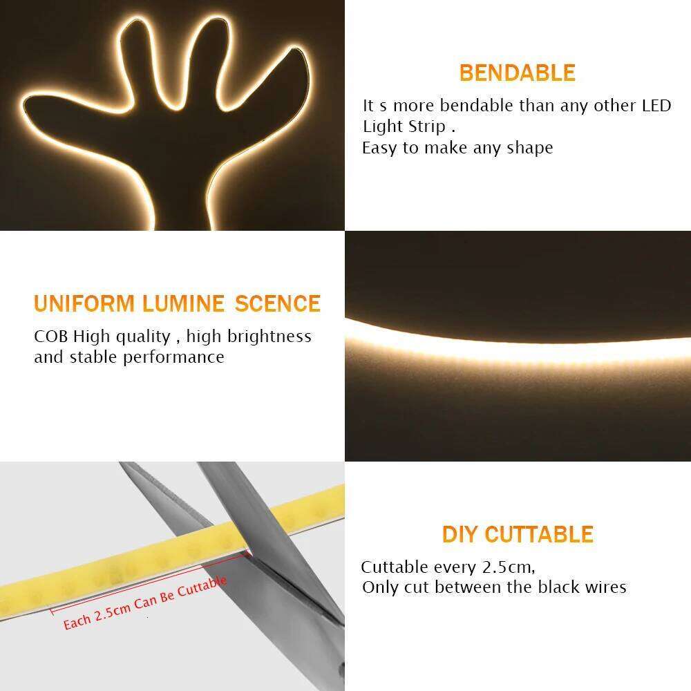 12V 24V COB Strip 3mm 5mm PCB Ultra Thin Light 384 LEDs CRI90 Super Bright Flexible LED Tape For Cabinet Home Liner Lighting Z260206