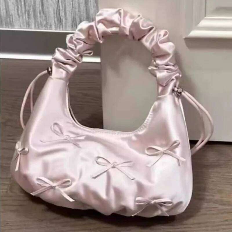 Sweet Cute Bow Handbag Women Pleated Satin Fabric Single Shoulder Ladies Ballet Style Elegant Pink Harajuku Underarm Bag New Y260205