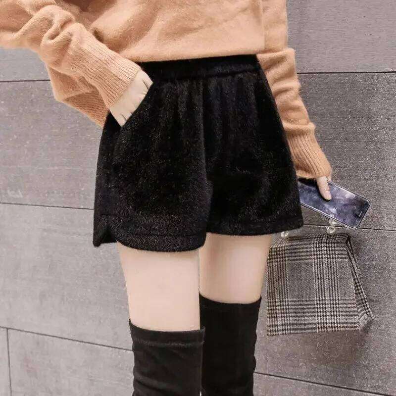 Solid Shorts Women Autumn Winter Soft All-match Side Slit Thicker Elastic Pocket High Waist Plush Warm Simple Office Lady H260206