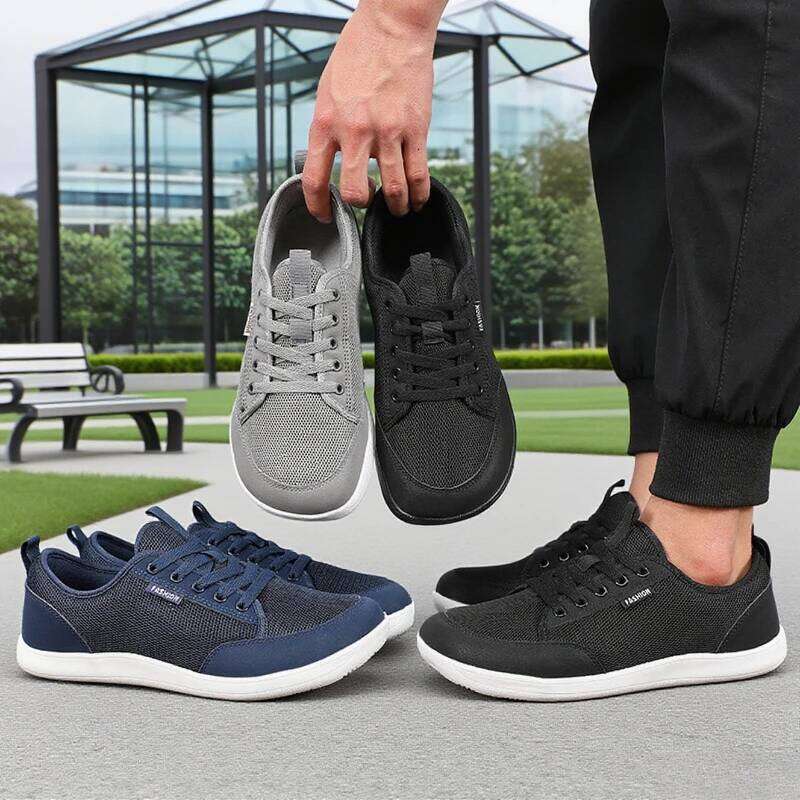 Fashionable Men's Wide Footed Breathable Barefoot Flat Comfort Non Slip Light Gray Mesh Walking Shoes Hot Sell 2025
