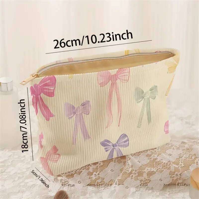 Large Bow Printed Corduroy Korean Women Zipper Makeup Storage Box Multifunctional Travel Cosmetic Organizer Bag Y260206