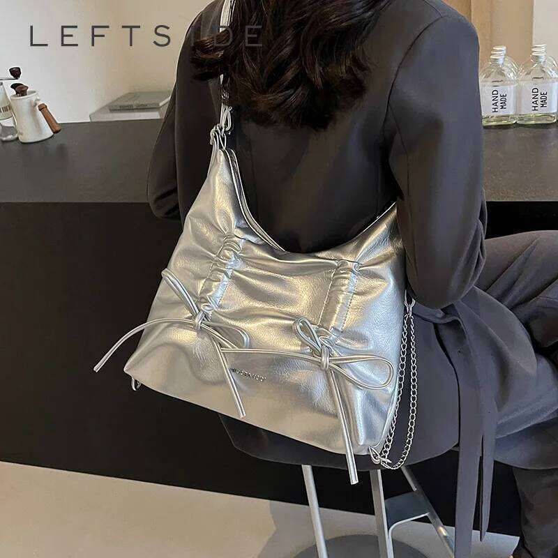 LEFTSIDE Bow Small PU Leather Shoulder Bags for Women 2024 Korean Fashion Females Silver Crossbody Bag Lady Simple Handbags Y260205