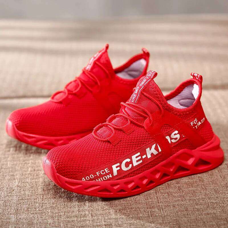 Red Children's Shoes Sports Running Sneakers Breathable Lightweight Soft Non-slip Mesh Comfortable Walking For Boys Girls Kids 26Y0206