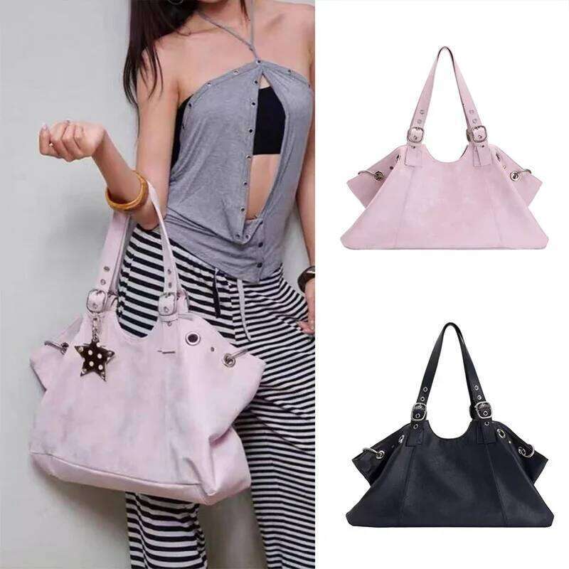 Korean Oil Wax PU Belt Buckle Underarm Shoulder Bag,Large Capacity Design Women Tote Bag,Commuter Solid Color Top Handle Handbag Y260205