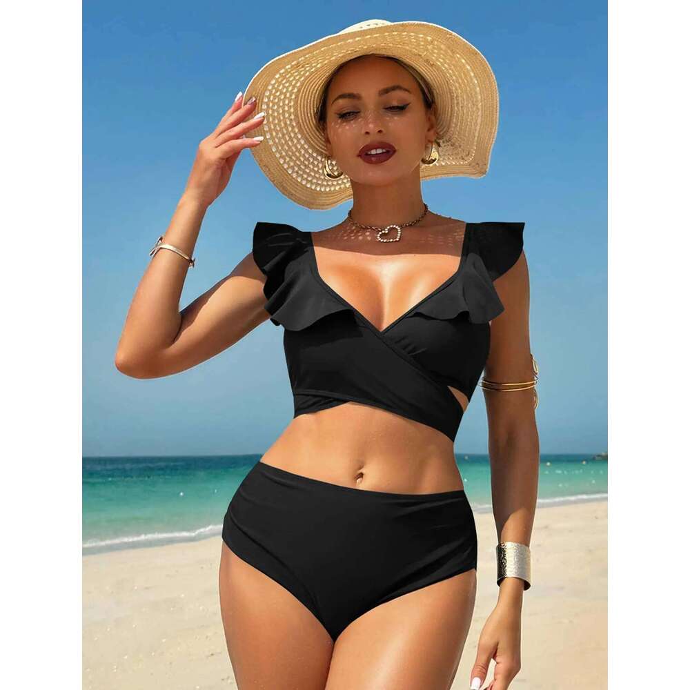 ZAFUL Women High Waisted Bikini Sets Two Piece Ruffle Swimsuit Cross Cutout Ruched Bathing Suit XJ260206