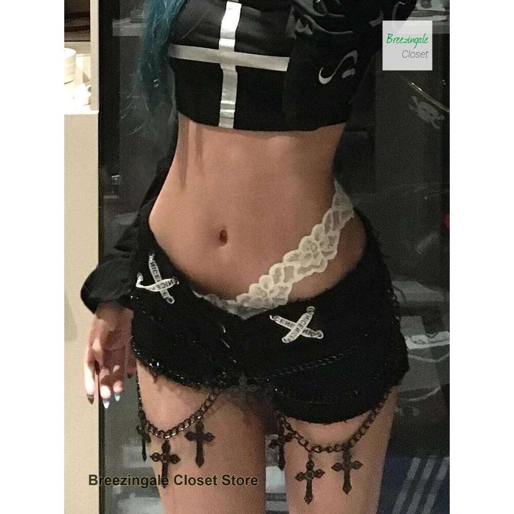 American y2k plus size washed ribbon cross-burr denim shorts women's summer new spice girls low waist slim slimming hot pants. XJ260206