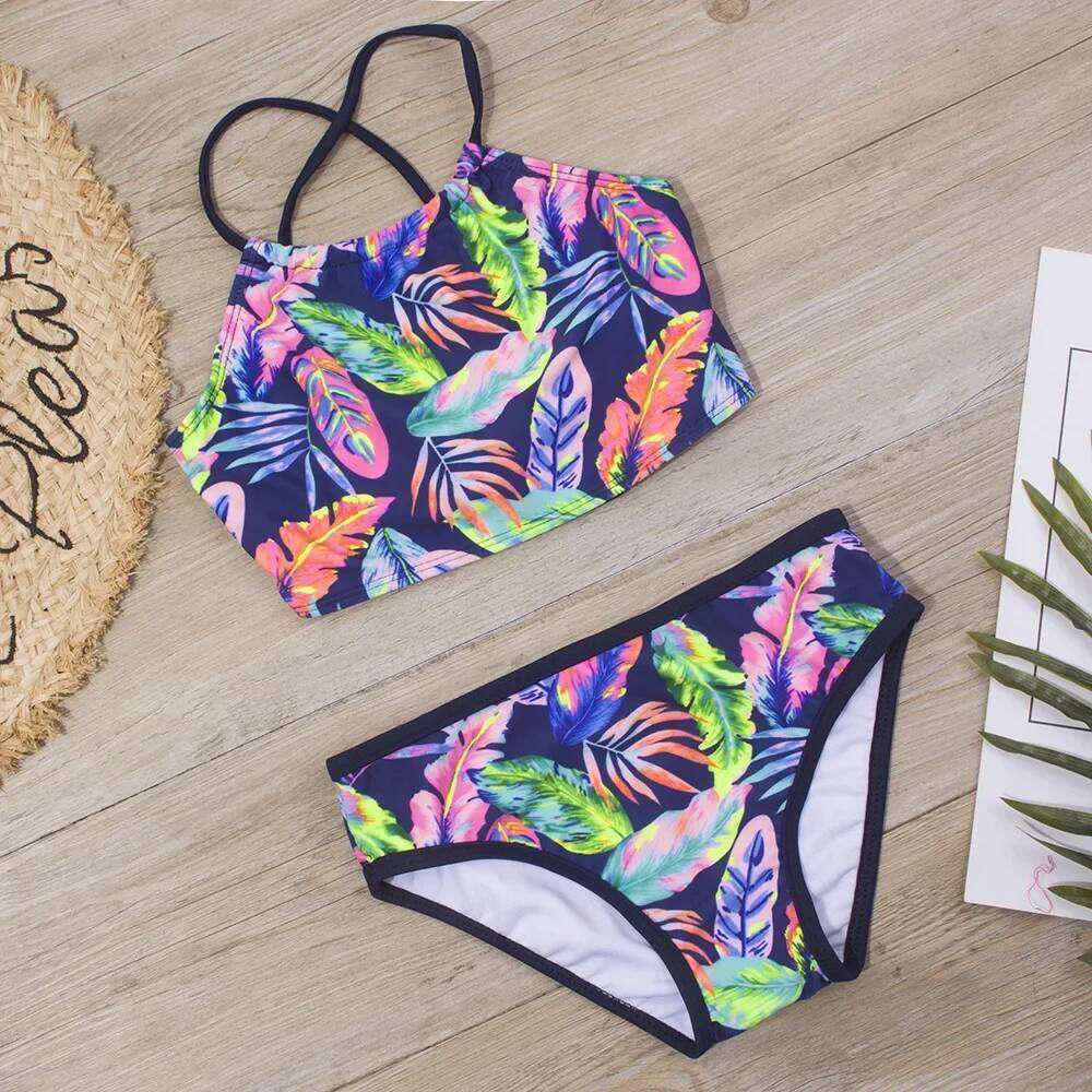 Teen Girls Swimsuits Two Pieces Bathing Suits For Kids Print Feather Bikinis Sets Swimwear Children Beach Swim Bodysuit 7-14Year XJ260206
