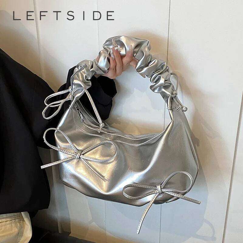 LEFTSIDE Small Bow Design PU Leather Shoulder for Women 2024 Fashion Y2K New Trend Handbags and Purses Silver Crossbody Bag Y260205