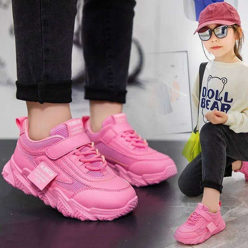 Spring New Kids Sneakers 2025 PU Girls Casual Mesh Solid Pink Light Boys White Hook & Loop Children Non-slip Sports Shoes 26Y0206