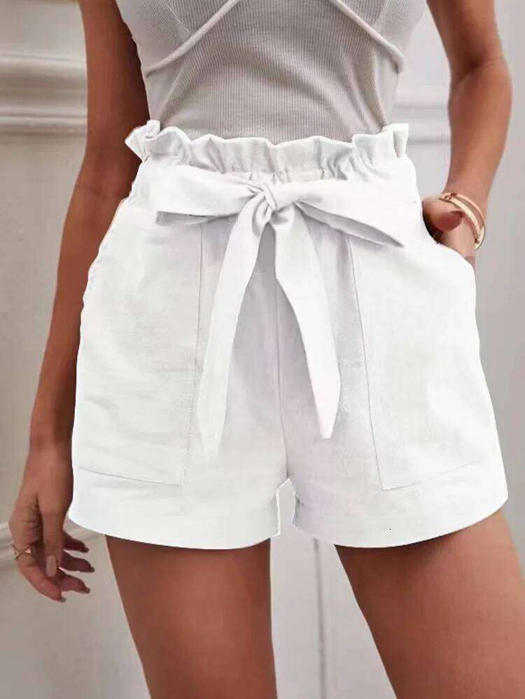 Stylish Solid Color White Shorts Women Pocket Drawstring Casual short Summer Daily Pants XJ260206