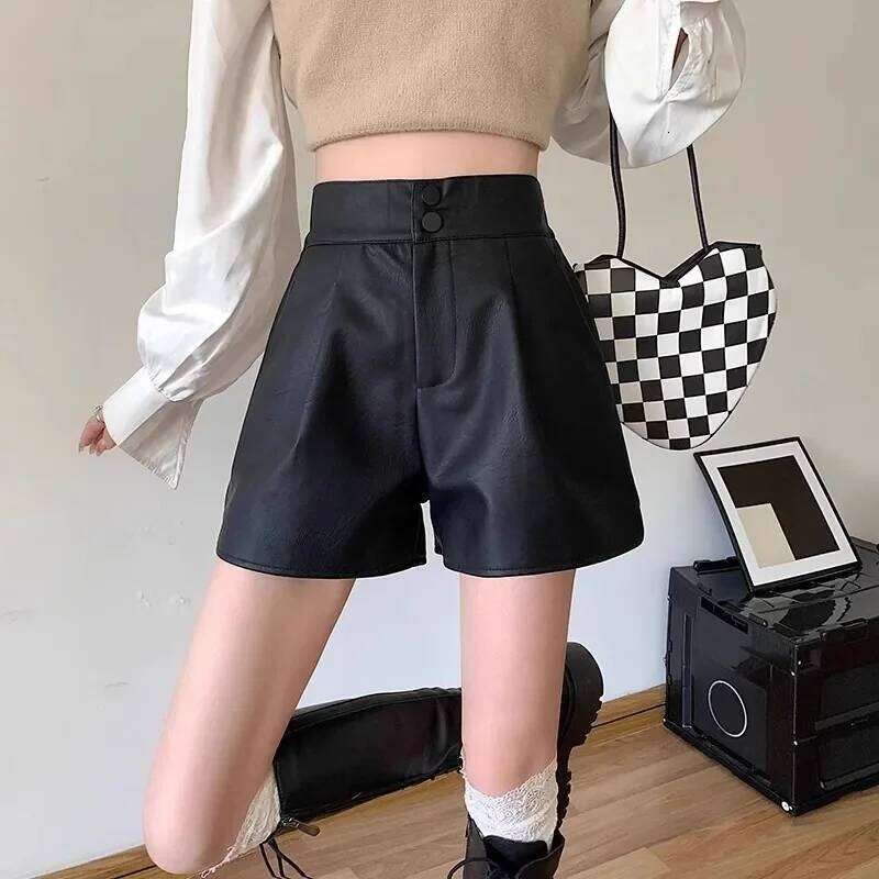Black Leather Shorts Women's plus Size High Slimming Casual Wide Leg Boot Cut Pants Korean Style Low Waist XJ260206
