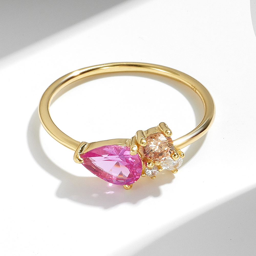 High-End Women's Inlaid with Colorful Water Drop Zircon Sterling Silver Light Luxury Style Niche Ring Wholesale