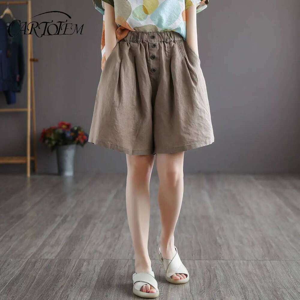 Summer Shorts Women's Button Solid Color Versatile Loose Cotton Linen Retro Style Wide Leg XJ260206