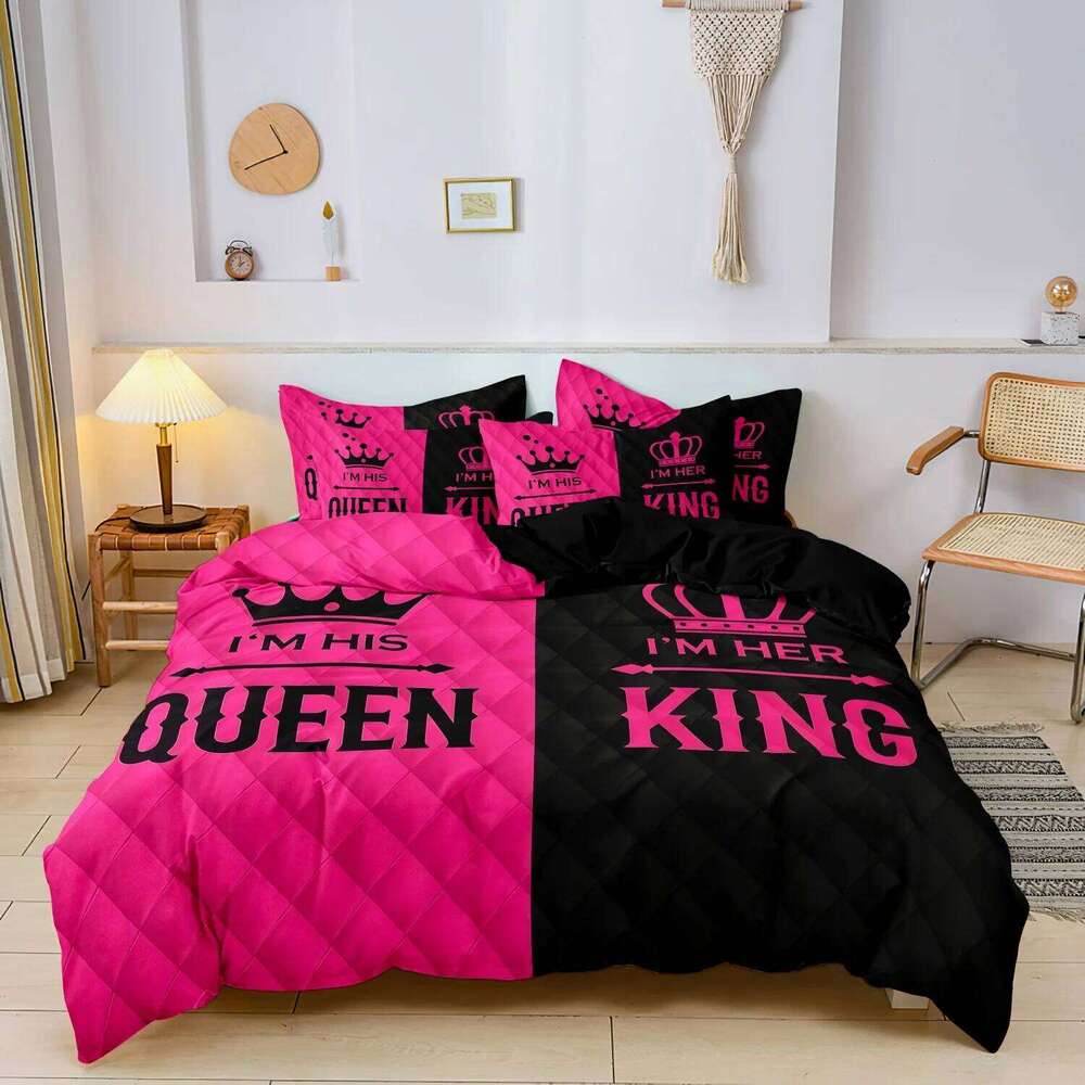 3pcs Couple's King & Queen Printed Duvet Cover Set,Romantic Heart Crown Design, Pink Black Contrast for Sweetness with Elegance XJ260206