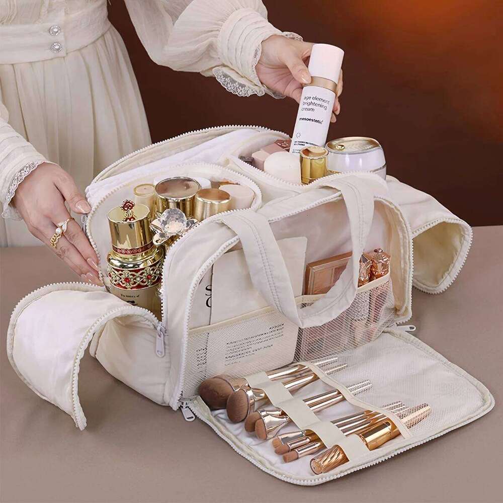 Portable Side Zipper Fabric Cosmetic Storage Large Capacity For Business Trips Toiletries Organizing Bag Makeup Beauty Bags Y260206