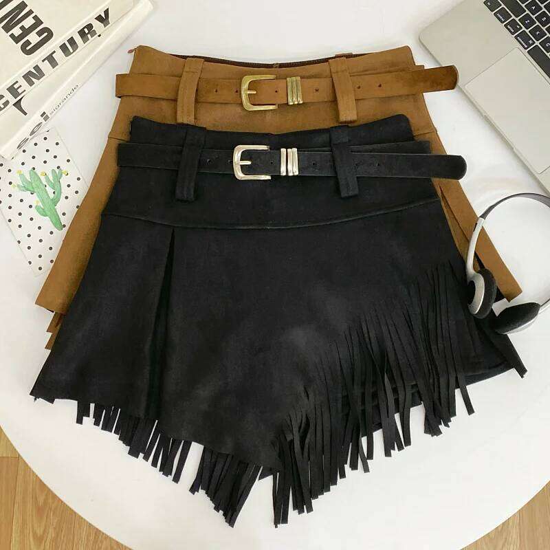 Autumn Winter Women's Faux Suede Skirts Retro High Waist Irregular Tassel Short Pants Side Zipper Anti-glare Boot Shorts XJ260206