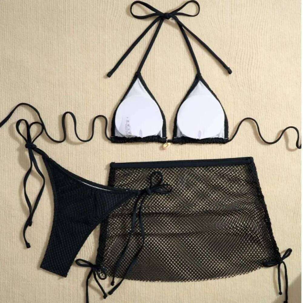Casual Mesh 3 in 1 Swimwear Set Slim Fit Deep-V Bikini Bathing Suit Beachwear Clothing Lace Up Sleeveless Swimsuit Beach Z260206