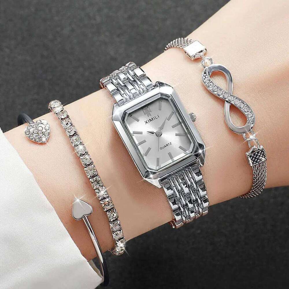 4PCS Fashion Rectangle Women Watches Luxury Stainless Steel Band Ladies Quartz Watch Rhinestone Bracelets Set Reloj Mujer Z260206