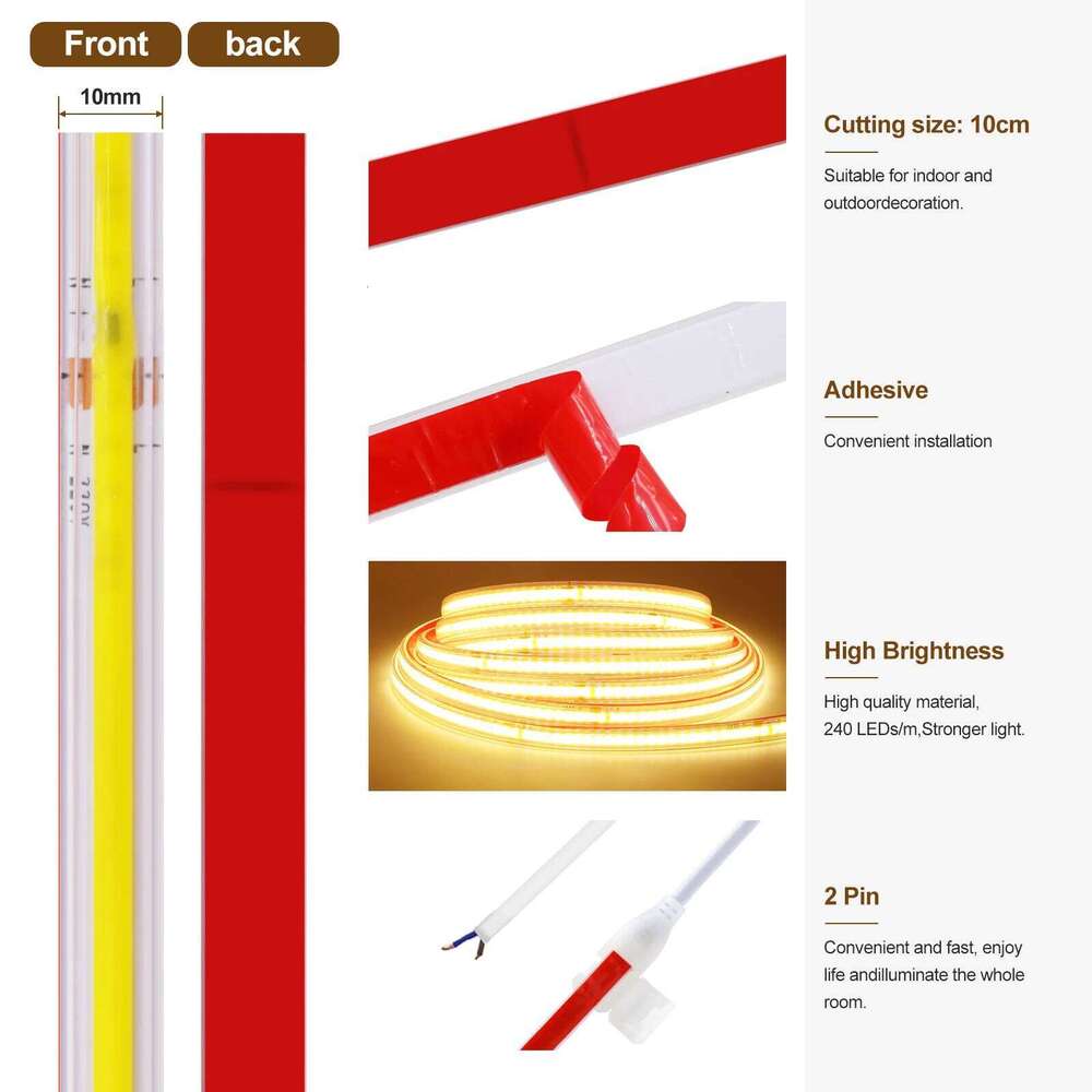 AC 220V COB Strip 240Leds/M IP65 Waterproof Adhesive Flexible Ribbon Built-in Rectifier IC LED Lights for Room Outdoor Lighting Z260206