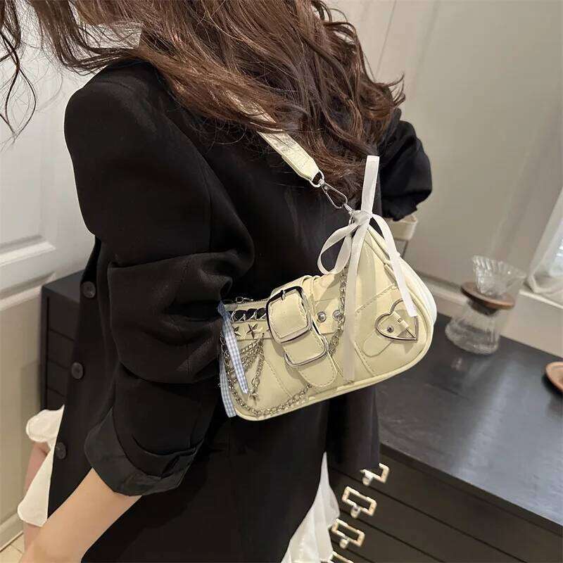 Y2k Retro Womens Chain Shoulder Bags PU Leather Ladies Small Underarm Sweet Bow Star Trend Female Crossbody Bag Handbags Y260205