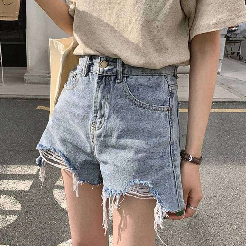 Hole Denim Women Summer Casual Streetwear Irregular Wide Leg Shorts Korean Fashion High Waist A Line Short Jeans Female H260206