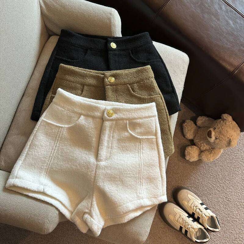 Women's Autumn Winter Wool&blend High Waist Shorts Lady Streetwear Solid Color Boots Short Pants XJ260206