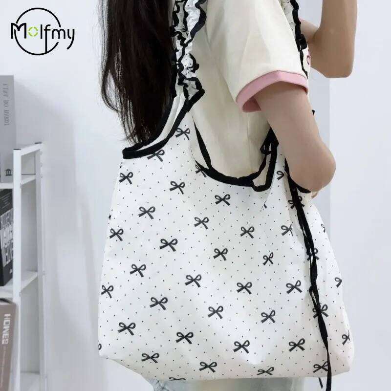 Bow Dot Print Women Bag Large Capacity Shoulder Bags Luxury Fairy Handbag Commuting Canvas Handbags Korean Style Cute Citybag Y260205