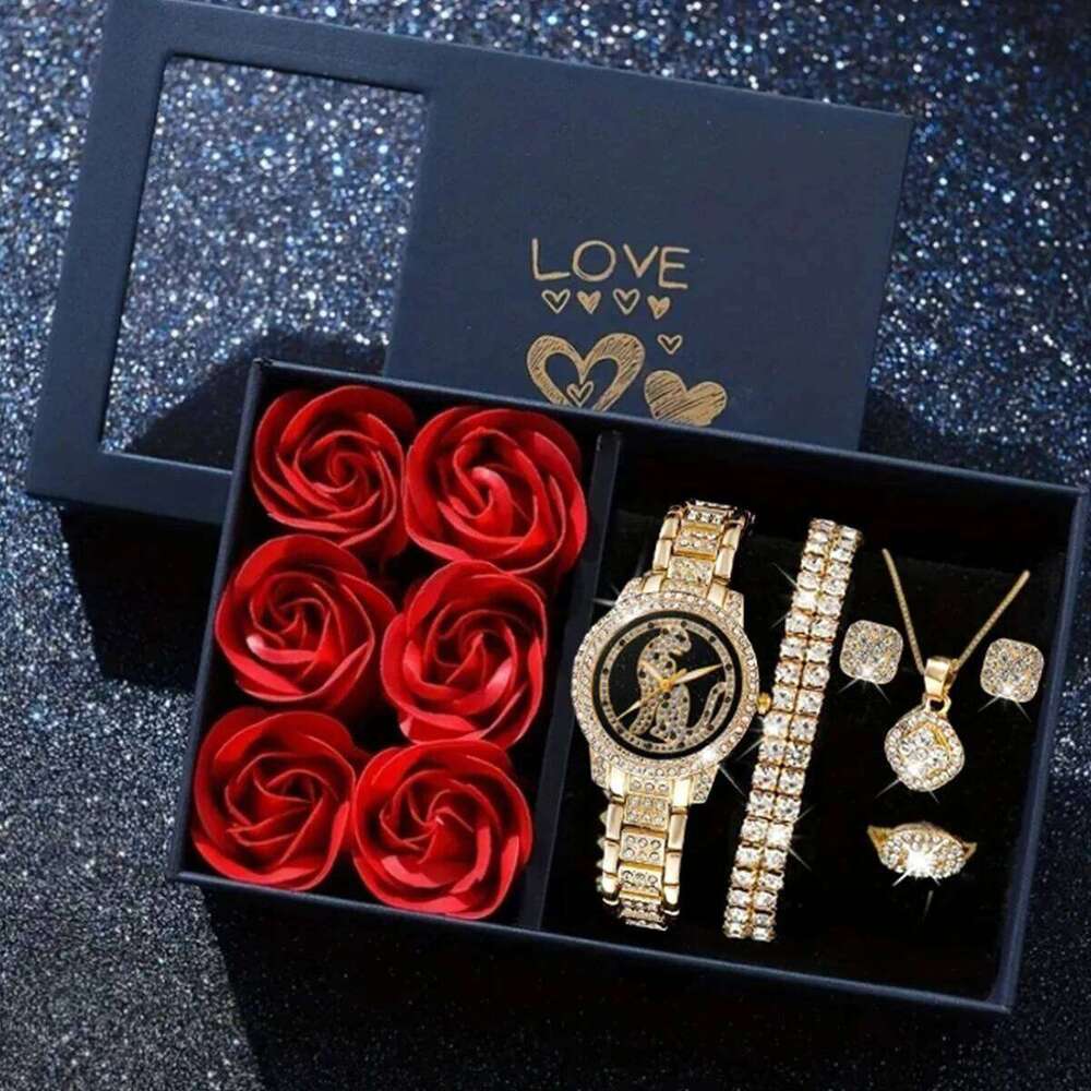 Fashion Light Luxury High-end Sense Diamond Steel Belt Large Disc Women's Quartz Watch Set 6 Pieces Set, Suitable for Christ Z260206