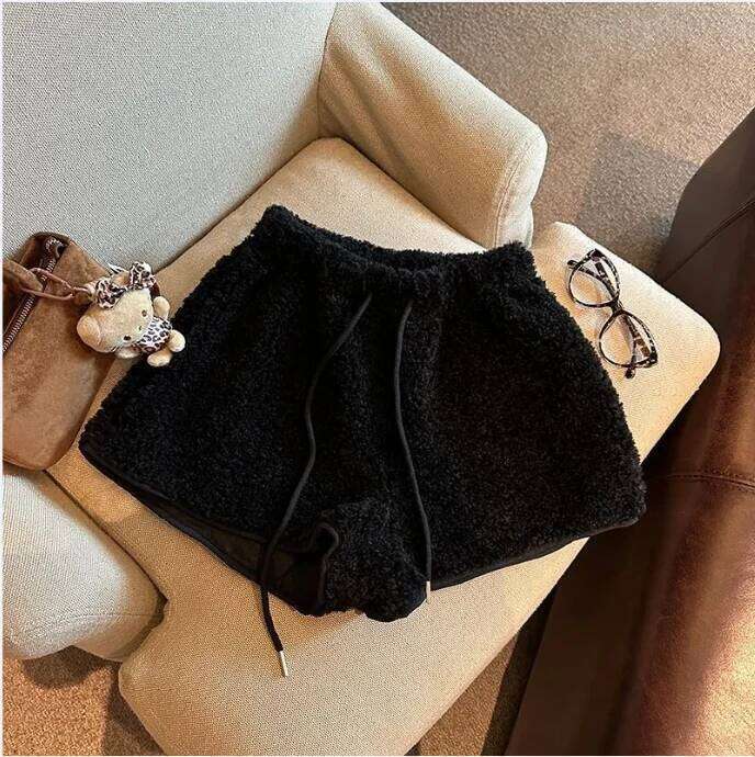 Elastic lamb wool wide leg shorts women's winter thickened warm plush high waist casual straight drawstring hot pants XJ260206