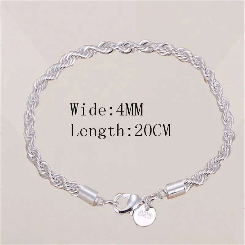 Silver 4MM Twisted Rope Bracelets For Women Men Fashion Minimalist Couple Chain Bracelet Male Unisex Jewelry Gifts 26H0206