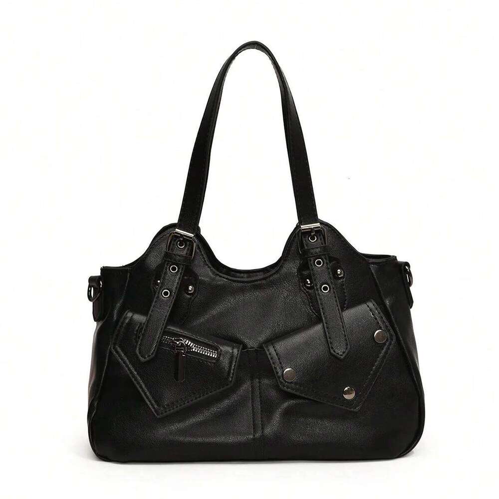 Retro simple solid color fashion trend large capacity tote niche design personality zipper decoration shoulder bag, Y260205