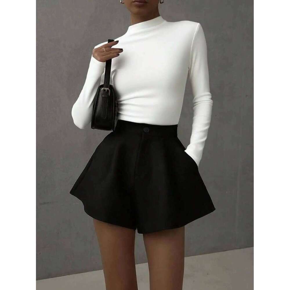 Ladies' autumn clothing solid color black elegant commuting loose fitting A pocket shorts and skirts C260206