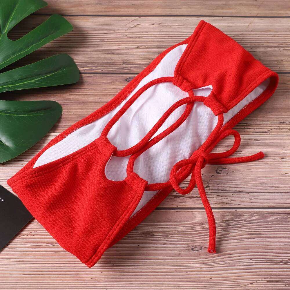 2024 New Swimwear High Waist Strapless Sexy Bikini Pure Color Women Swimsuit Padded Bathing Suit Z260206