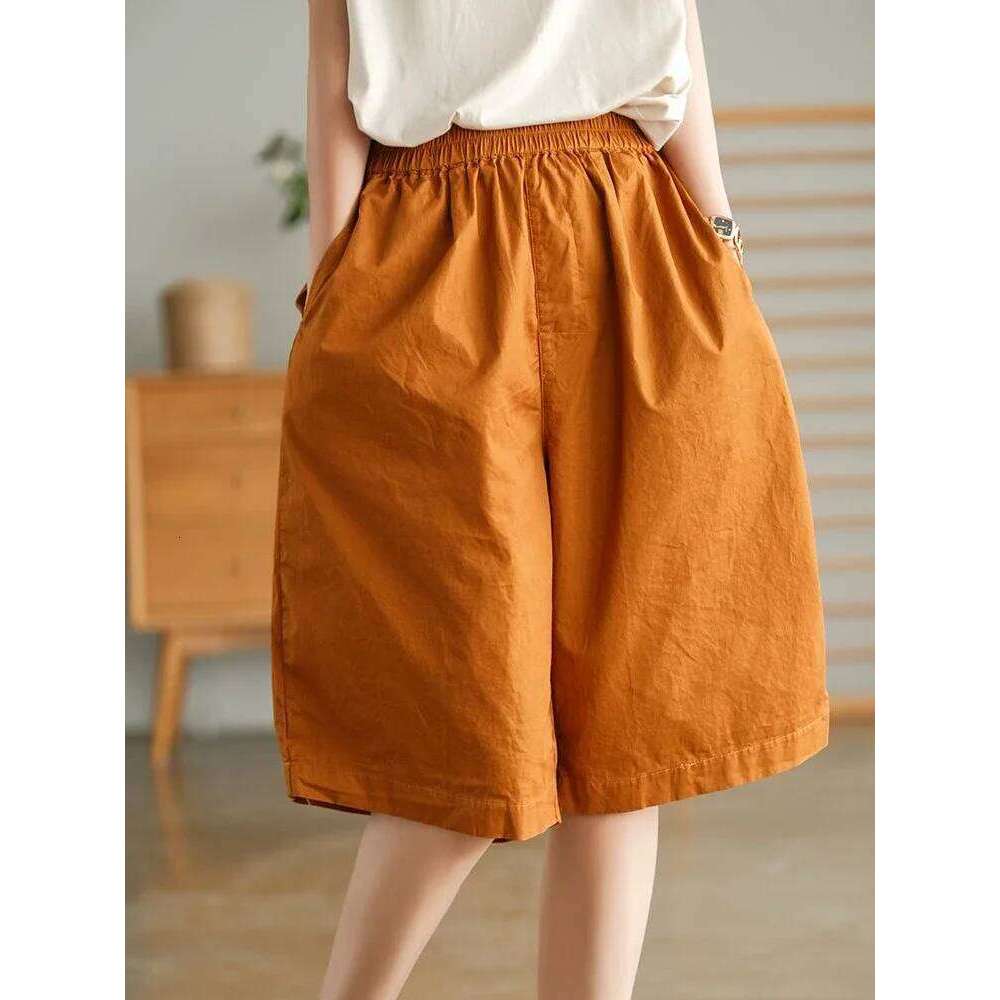 Cotton Casual Retro Elastic Waist Loose Straight White Fashion Simple Versatile Women's Shorts for Summer XJ260206