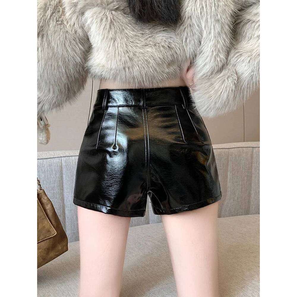 American Retro Sexy Pu Leather Shorts Womens 2024 Autumn Winter Black Hotsweet Bright Short Pants Female XJ260206