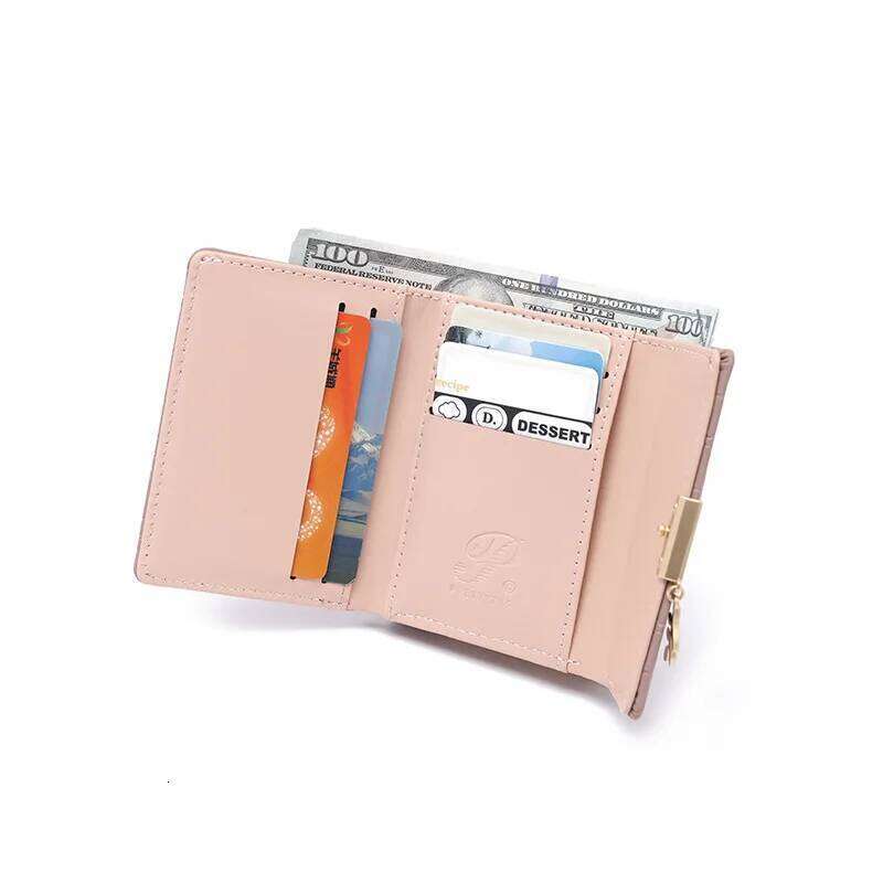 PU leather ladies' short small wallet with clasp, three-fold zipper, contrasting color and fresh student coin purse Y260206