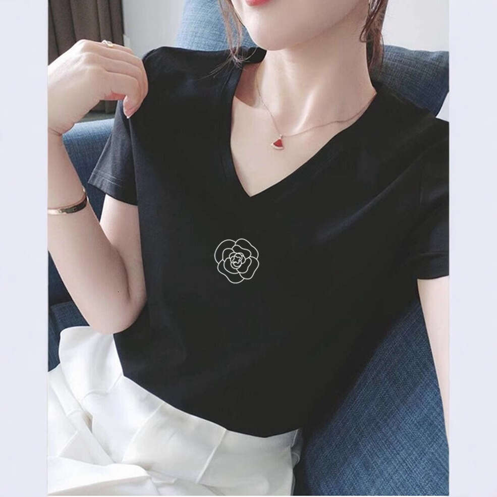 Summer V-Neck Regular Shoulder Pure Cotton Short Sleeve T-Shirt For Women Korean Fashion Versatile Age-Reducing Slimming White Top Base Shirt Trendy