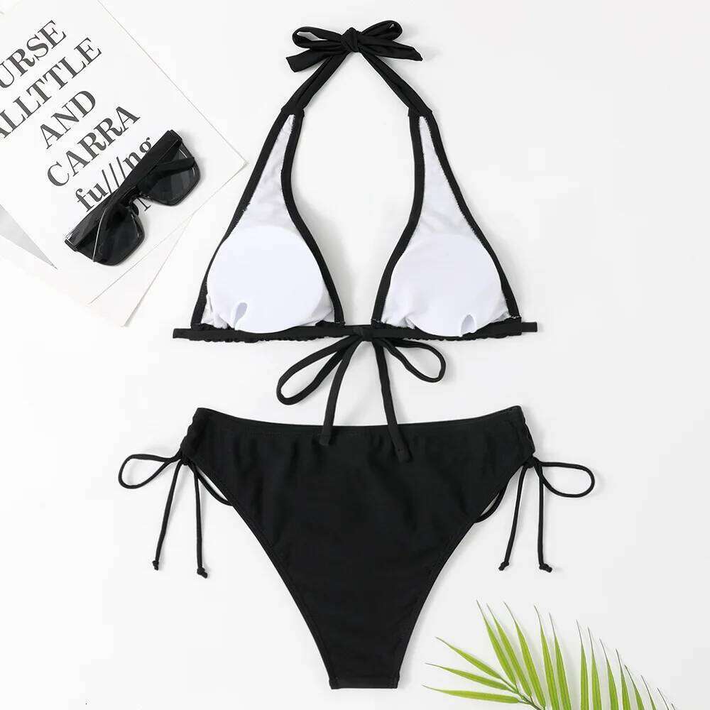 2025 Sexy Halter Bikini Swimsuit Low Waisted Black/Red/Rose Beach Bathing Suit Cheap Bandage Brazilian Swimwear Two Pieces Sale Z260206