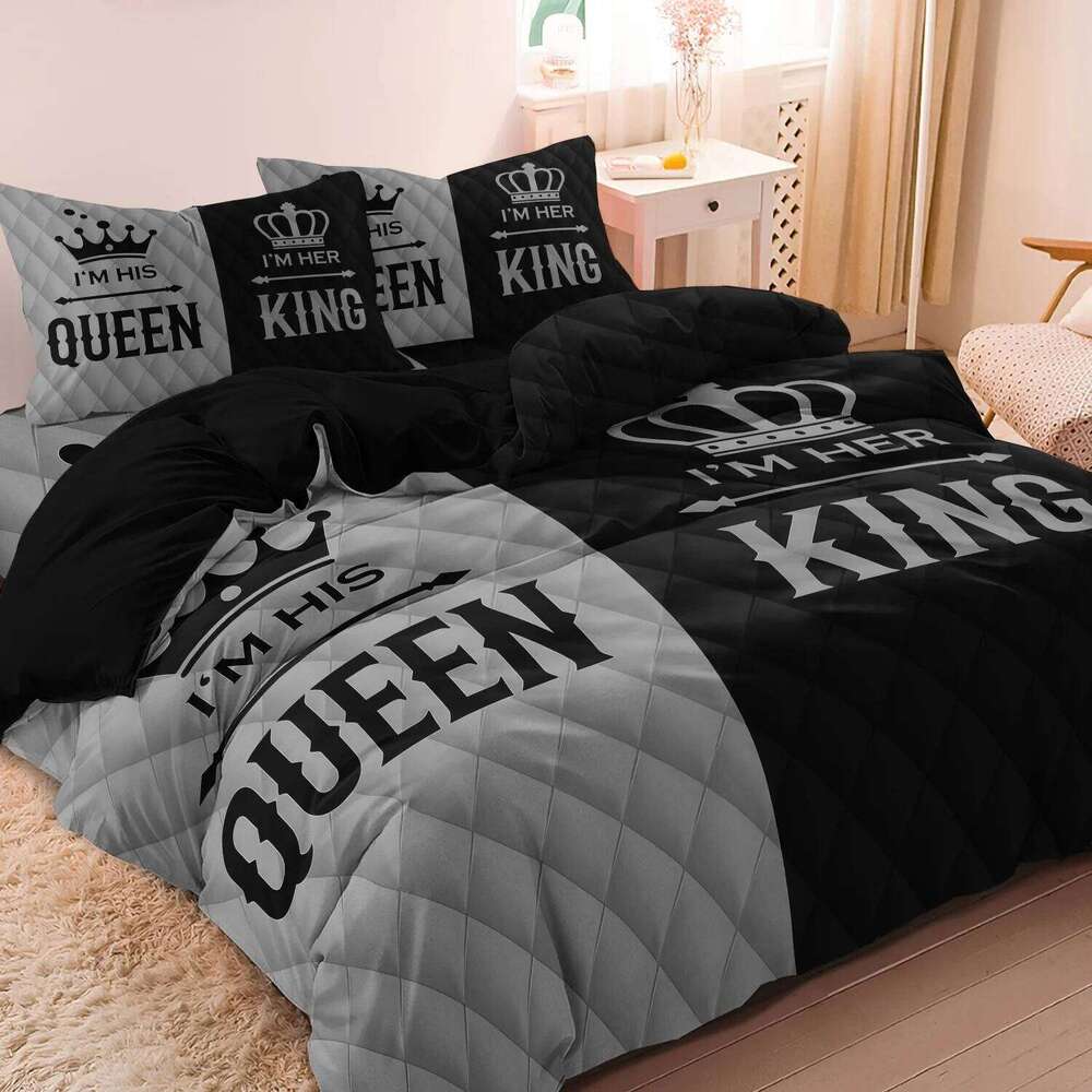 3pcs Couple's King & Queen Printed Duvet Cover Set,Romantic Heart Crown Design, Pink Black Contrast for Sweetness with Elegance XJ260206