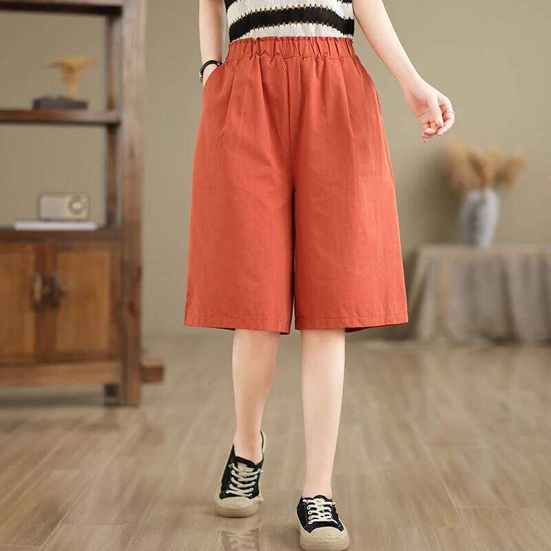 Loose Wide Leg Khaki orts Women's Summer Elastic High Waist Slimming Cotton Linen Five-Quarter Straight Cut Casual Trousers XJ260206