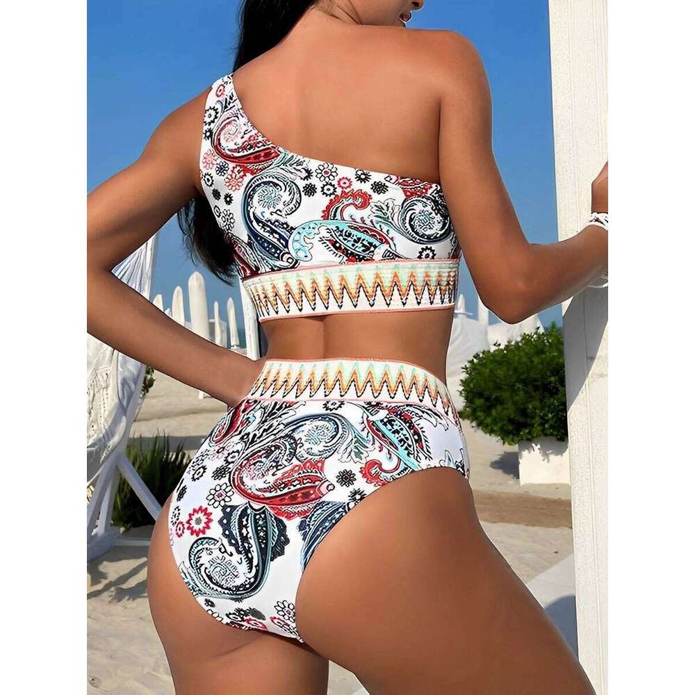 2025 Paisley Print Chevron Tape One Shoulder Swimsuit Women Bikini Swimwear Female Bathers Bathing Swimming Swim Suit Beachwear XJ260206