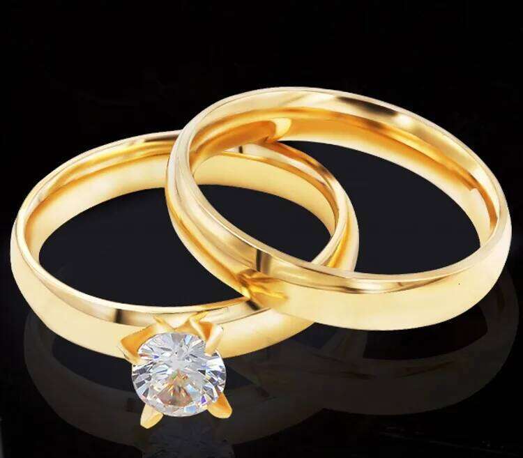 QianBei Fashion 2pcs/Set Single Zircon 4MM Charm Jewelry Gifts Ring Men Stainless Steel Gold Color Couple Rings For Women Man W260206