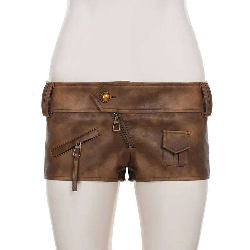 Retro Brown PU Leather Y2k Streetwear Low Waist Micro Shorts Hot Pants Sexy Winter Clothes for Woman XJ260206