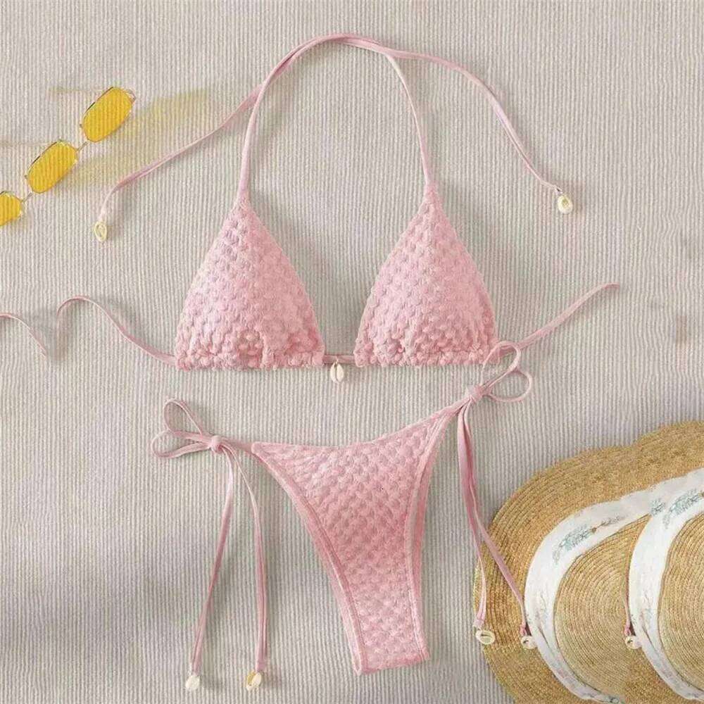 White String Micro Bikini Thong Sexy Swimsuit Women 2025 Shell Decorate Swimwear Bathing Suit Halter Triangle Bikinis Sets Mujer Z260206