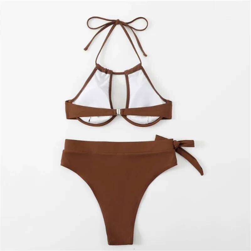Brown High Waisted Bikini Set String Halter Swimwear Sexy Swimsuit Women Hollow Out Bathing Suit Push Up Bikinis 2024 Mujer XJ260206
