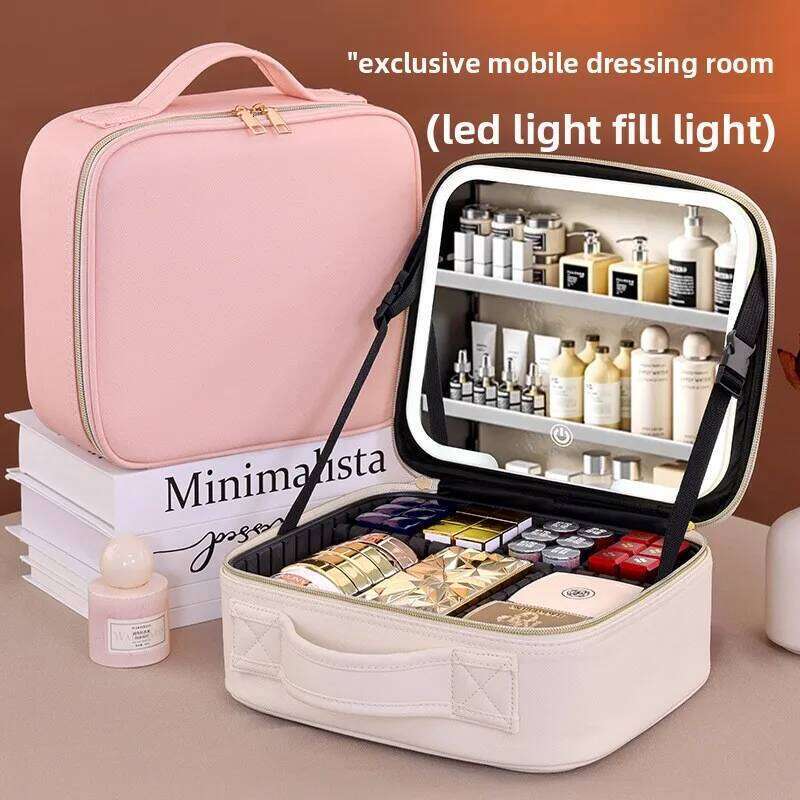 Cross-border High Aesthetic ValueLEDLight Strip Mirror Makeup Case Large Capacity Travel Portable Handheld Cosmetic Storage Bag Y260206